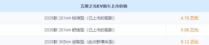 长续航五菱之光 EV 305km 进取型上市！