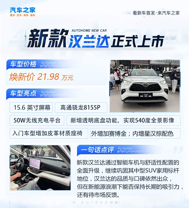 详细阅读:新款广汽丰田汉兰达上市 售21.98万起 智能化全面升级 新款广汽丰田汉兰达上市 售21.98万起 智能化全面升级